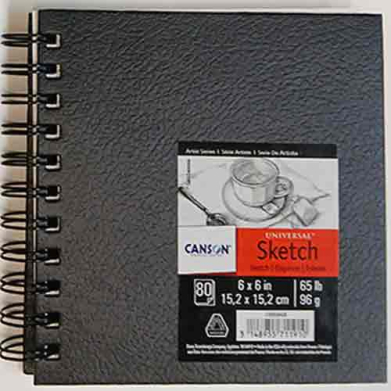 Black spiral-bound sketchbook with a textured cover; center label reads 'Canson Universal Sketch, 6x6 in'