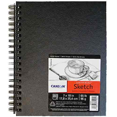 Black spiral-bound notebook with a Universal Sketch brand label on the front cover.