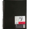 Black spiral-bound sketch notebook with a white label in the bottom-right corner featuring red text.