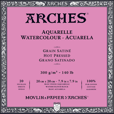 Arches Watercolor Hot Press Block 7.9" x 7.9" - (20 Sheets, 140lb)