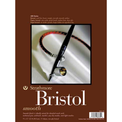 Strathmore 400 Series Bristol Pad ( 475 ) 9" x 12" - (15 Sheets, 2ply) Smooth Surface, Tape Bound
