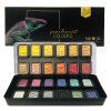 Boxed set of pearlescent watercolor paints with a rainbow of metallic pans visible in an open case and a lizard illustration on the black packaging.","Close-up of a black art box reading 'pearlescent colours' with an open tray of metallic color pans in yellows, pinks, greens, blues, and browns.","Open palette of metallic watercolors (pearlescent colours) in a plastic case, shown with a colorful lizard-themed packaging."