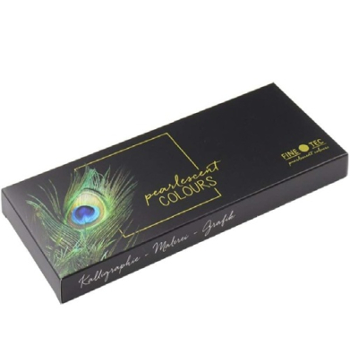 Product box for Pearl Essence Colours makeup, black packaging with a peacock feather motif and gold text.