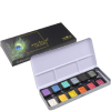 Open metal tin of twelve pastel sticks in assorted colors, arranged in two rows, with a black box featuring a peacock feather design in the background.