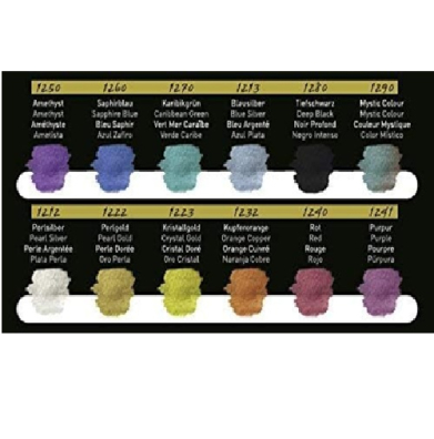 Two rows of paint swatches with color codes and names, showing blues, greens, purples, yellows, and neutrals.