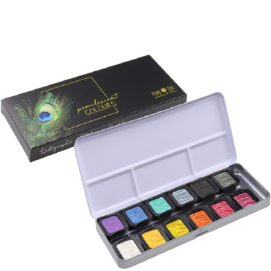 Open metal tin of twelve pastel sticks in assorted colors, arranged in two rows, with a black box featuring a peacock feather design in the background.