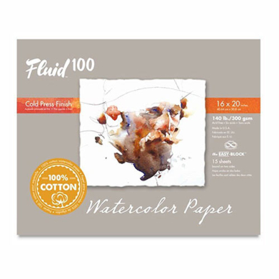 Fluid 100 Cold Press Watercolor Paper Easy-Block 16"  x 20"   (15 Sheets, 140lb)