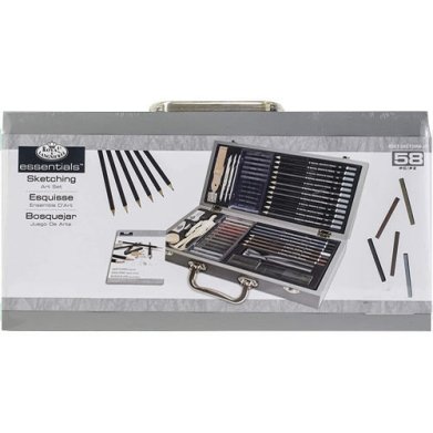 Royal Langnickel Essentials Deluxe Silver Wooden Sketching Art Box Set - 58pc  RSET-SKET2000