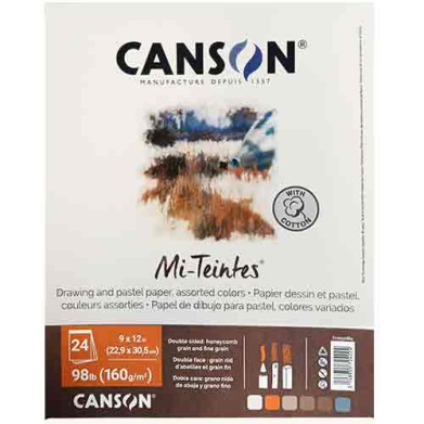 Canson Mi-Teintes drawing paper pad cover showing brand name, sample color swatches, and the text 'with cotton'; indicates 24 sheets, size 9 x 12 inches, weight 98 lb (160 g/m²) on a brown label at bottom.
