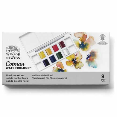 Winsor & Newton Cotman Watercolor Pocket Set- Florals Travel Brush & 8 Half Pans