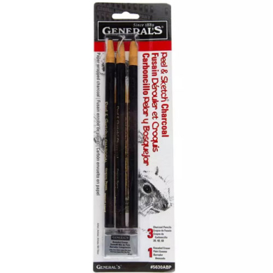 General's Peel & Sketch Charcoal Pencil - Assorted 3 pack with kneaded eraser Set