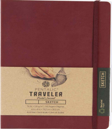 Pentalic Traveler Pocket Journal 6" x 8" - (160 Pages, 74lb) Sketch, Burgundy