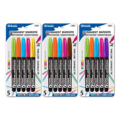 Bazic Fine Tip Varied Bright Assorted Permanent Markers w/ Pocket Clip (5/Pack)  BZ1209