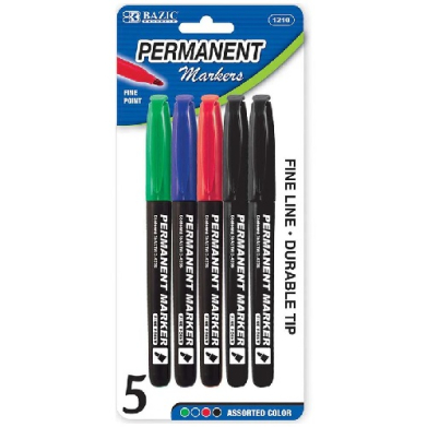 Bazic Fine Tip Assorted Permanent Markers w/ Pocket Clip (5/Pack)  BZ1210