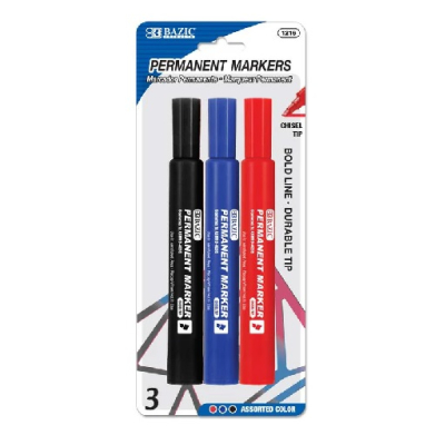 Bazic Chisel Tip Jumbo Assorted Color Permanent Marker (3/Pack)  BZ1216
