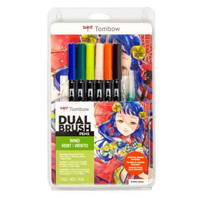 Tombow Dual Brush Pen Manga Set - 6pk Wind + Waterbrush   56246
