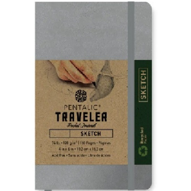 Pentalic Traveler Pocket Journal 4" x 6" - (160 Pages, 74lb) Sketch, Metallic Silver