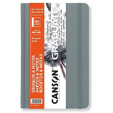 Canson Graduate Sketch & Notes Grey Hard Cover Book 5.5" x 8.5"  (184 pages, 61lb)  CN31200L044