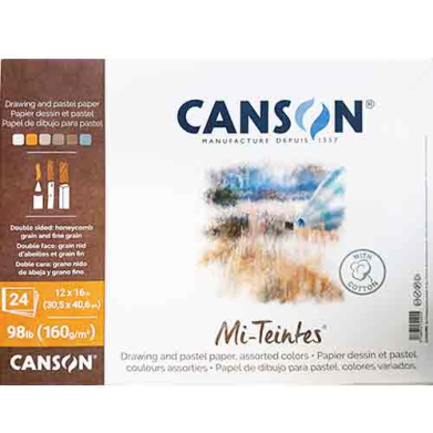 Box of Canson Mi-Teintes drawing and pastel paper; white box with blue Canson logo, brown left panel with color swatches, 24 sheets (12 x 16 inches)