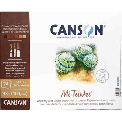 CANSON Mi-Teintes drawing paper box with a brown left panel showing 24 sheets; CANSON logo on the white right panel with two green mosaic spheres.