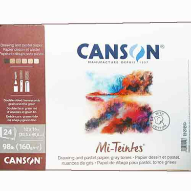 Canson Mi-Teintes drawing and pastel paper box with a colorful abstract splash on the front and an orange info panel on the left.
