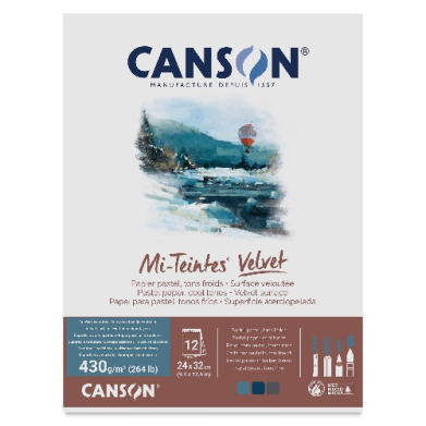 Canson Mi-Teintes Velvet pastel paper pack with a landscape image and brand logo on the front, indicating paper for pastels.