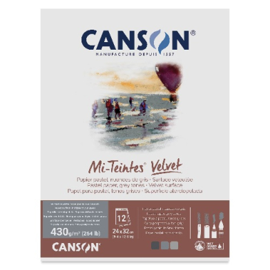 Front of a Canson Mi-Teintes Velvet paper package: blue Canson logo at top, a soft painting in the middle, and product specs (430 g/m², 24×32 cm, 12 sheets) at the bottom.
