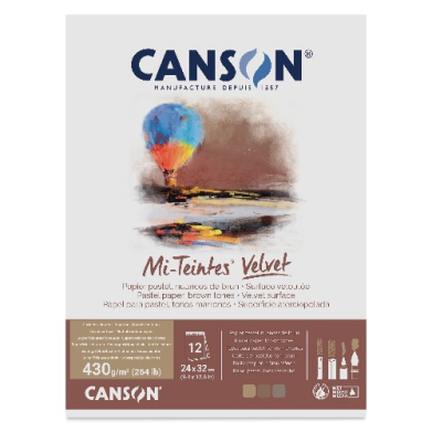 Packaging for Canson Mi-Teintes Velvet drawing paper: balloon artwork above brown specification panel showing 430 g/m², 24×32 cm, 12 sheets.