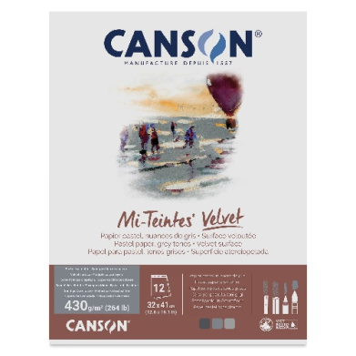 CANSON Mi-Teintes Velvet paper pad cover with logo, faded artwork, and specs indicating 430 g/m², 32×41 cm, and 12 sheets.