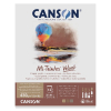 Packaging for Canson Mi-Teintes Velvet paper pad, with a watercolor landscape and a hot-air balloon, CANSON branding at top and product specs at the bottom.