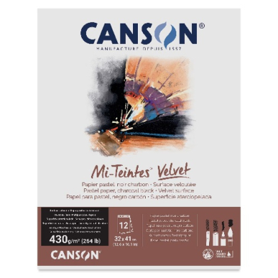 Canson Mi-Teintes Velvet pastel paper pack with abstract splash artwork; weight 430 g/m², 32 × 41 cm sheets, 12 sheets in the pack.