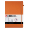 Orange hardcover notebook with an elastic strap, label showing 'BOOK', 160 pages, 140 g/m² paper.