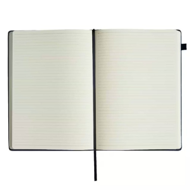 Open notebook with blank lined pages, black cover, and a ribbon bookmark lying across the center.