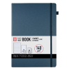 Blue hardcover notebook with a dark elastic band on the right and a white label reading 'Notebook' and 'A4 160 pages' across the front edge.