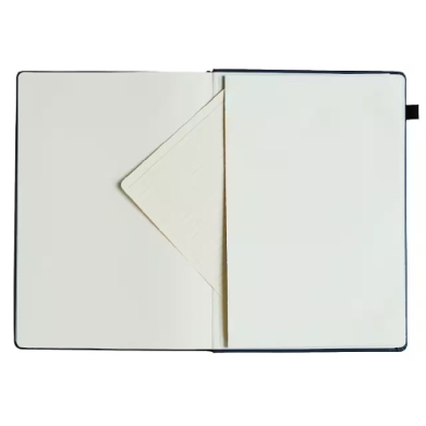 Open notebook with blank cream pages, a small rectangular card tucked into a pocket between the pages.