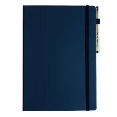 Closed dark blue notebook with a black elastic band and a pen clipped to the right edge