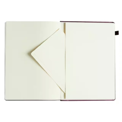 Open notebook with blank cream pages; a triangular folded page sits in the center of the open spread.