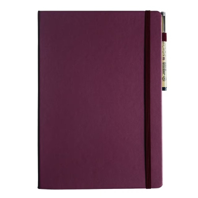 Purple hardcover notebook with burgundy elastic strap and side pen loop.