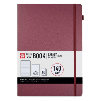 Maroon hardcover notebook with a red elastic band; label shows 140 g/m² paper and 160 pages