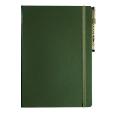 Green hardcover notebook with an elastic closure and a pen tucked into the right edge.