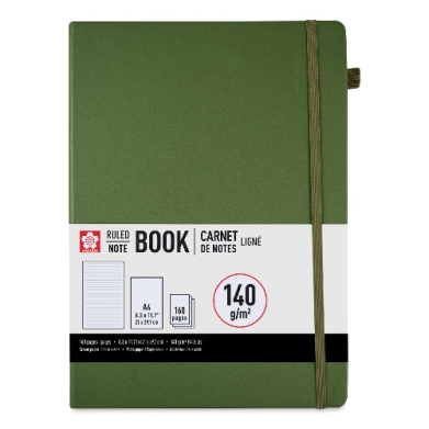 Green hardcover ruled notebook with brown elastic strap, banded label showing 'A4' and '140 g/m²' for 160 pages, front view