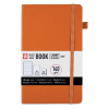 Orange ruled notebook with matching elastic band and bookmark ribbon on the cover edge, labeled as 140 g/m² paper.