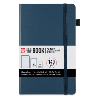 Blue A5 ruled notebook with a black elastic closure and a fabric bookmark ribbon