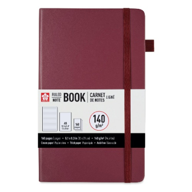 Burgundy hardcover notebook with an elastic strap and white label showing 160 pages, ruled lines