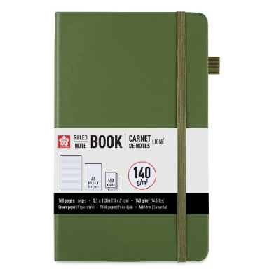 Green A5 ruled notebook with an elastic strap and wraparound label (160 pages, 140 g/m² paper).