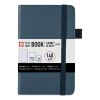 Dark blue pocket notebook with an elastic closure and side ribbon bookmark on the cover.