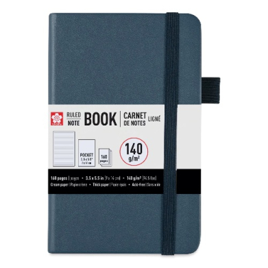 Dark blue pocket notebook with an elastic closure and side ribbon bookmark on the cover.