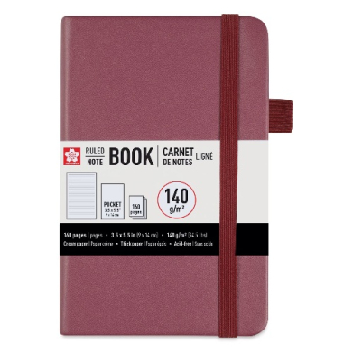 Maroon hardcover notebook with red elastic closure and built-in bookmark ribbon, 160 pages, ruled lines