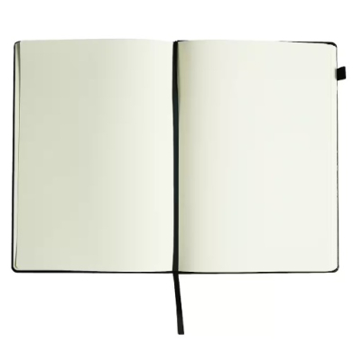 Open notebook with blank cream pages and a black ribbon bookmark showing on a two-page spread.