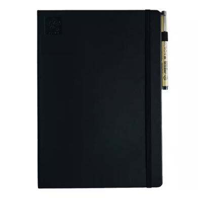 Black hardcover notebook with an elastic band and a beige pen clipped to the right edge
